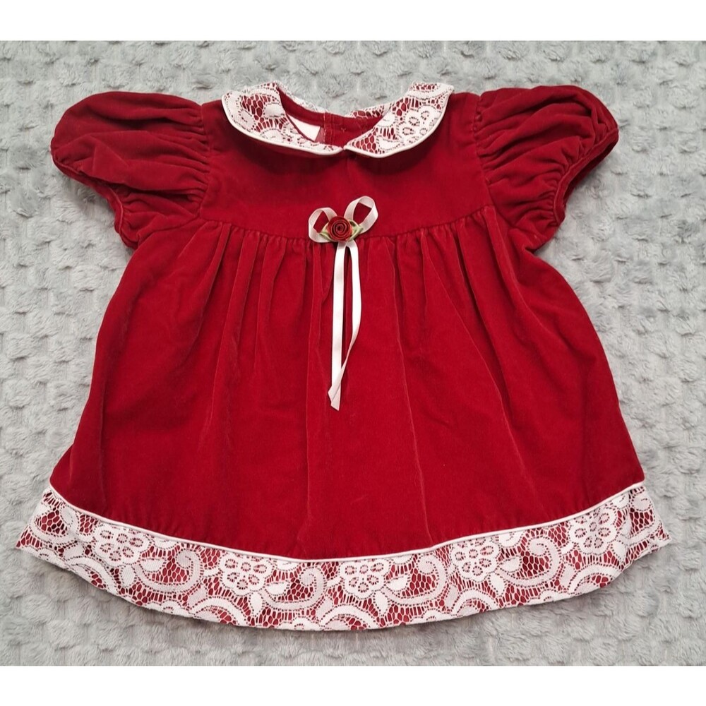 VTG Rose Cottage Dress  Baby Girl's 6/9 Months Holiday Christmas Velvet Rose Bow